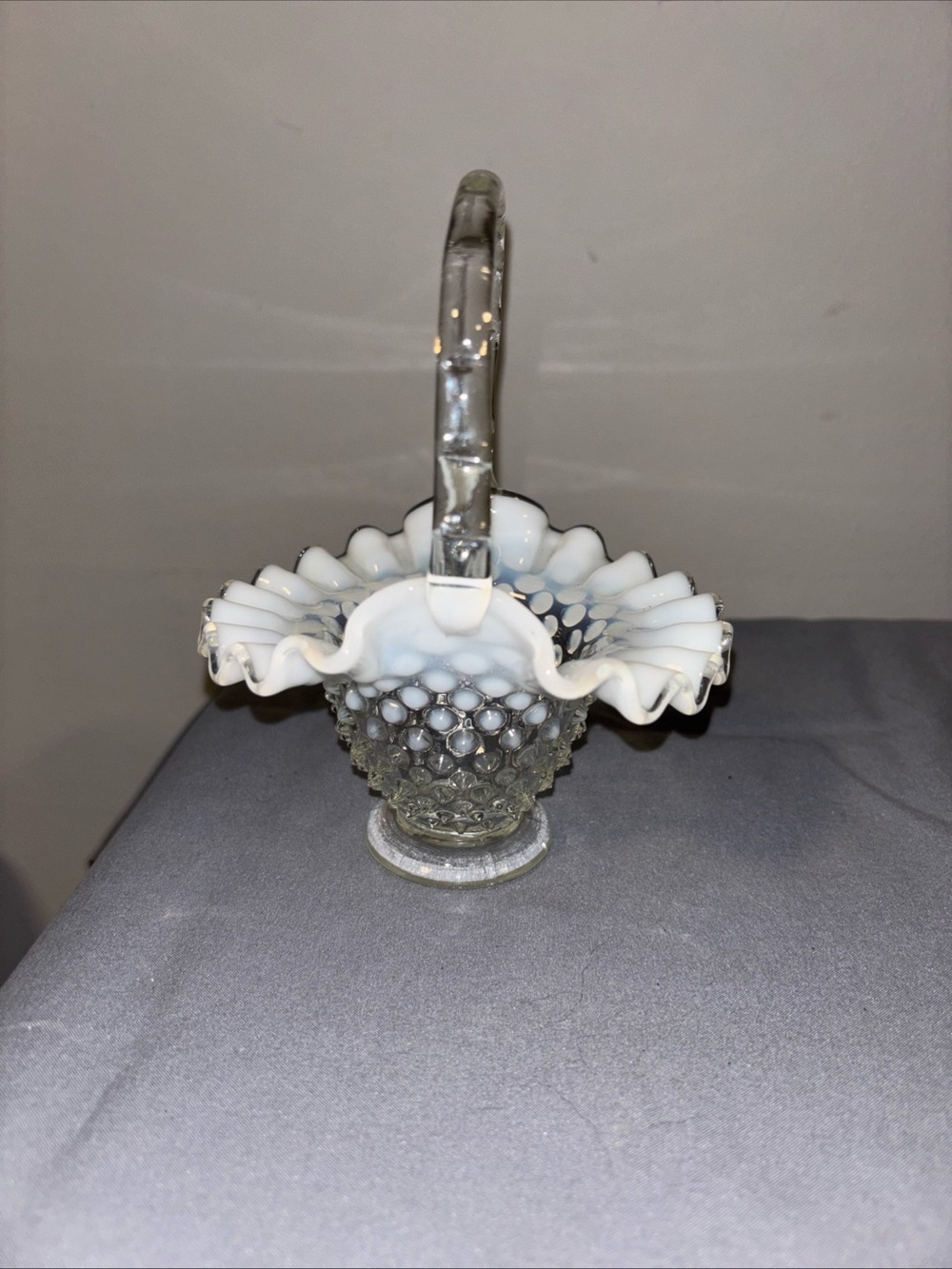 Fenton White Hobnail Milk Glass Basket with Clear Handle
